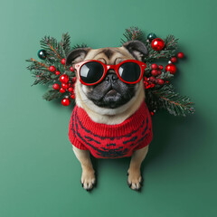 A cute and cheerful pug in a Christmas sweater with matching colorful decorations around it, with bright and vibrant colors, in the spirit of the holidays, Christmas, and New Year
