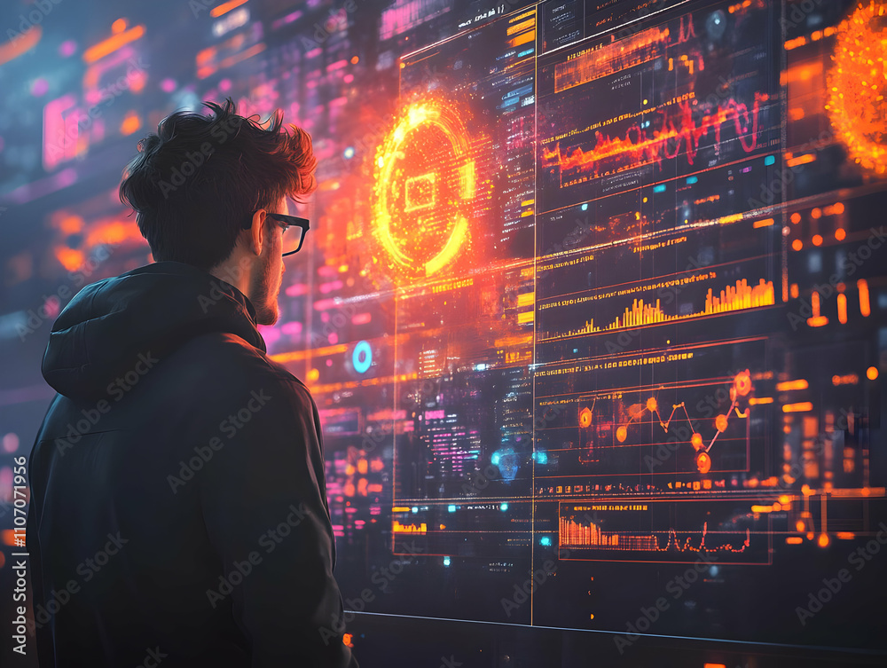 Poster A person analyzes digital data on a futuristic interface filled with graphs and metrics.