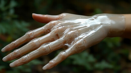 Fototapeta premium A delicate transparent hand sculpture is positioned in a lush outdoor setting, emphasizing fine details against a backdrop of greenery, illuminated softly