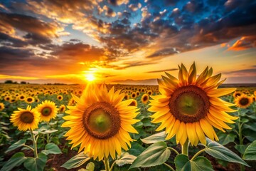 Obraz premium Picturesque Sunset Over a Field of Sunflowers with Vibrant Colors and Beautiful Clouds Creating a Serene and Tranquil Landscape Perfect for Nature Lovers and Photography Enthusiasts