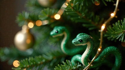 Fototapeta premium A snake toys on fir tree branch against a bright lights background. Symbol of Eastern calendar. New Year holiday. Festive mood