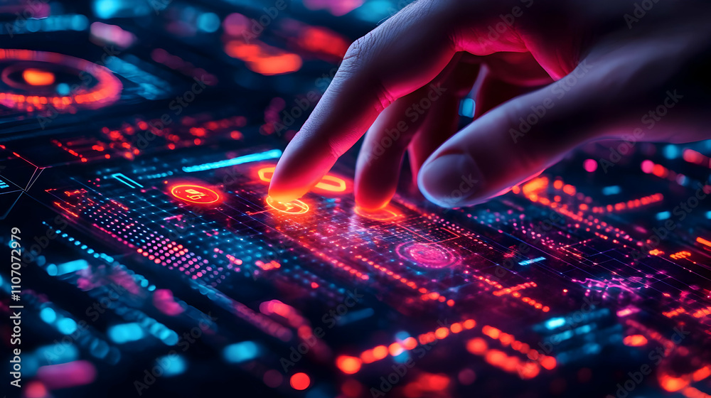 Poster A hand interacts with a digital interface featuring glowing buttons and data visualizations.