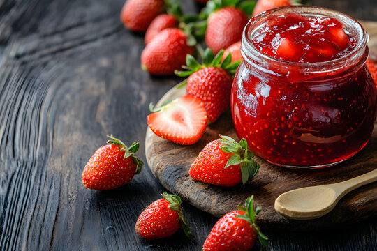 Making fresh strawberry jam home kitchen food photography rustic setting top-down view homemade delights