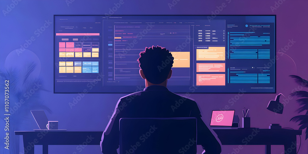 Poster A person working at a desk, analyzing data on a large screen in a modern workspace.