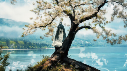 Fototapeta premium serene figure in cloak stands on tree branch overlooking tranquil lake, surrounded by blooming flowers and misty mountains. peaceful scene evokes sense of calm and reflection