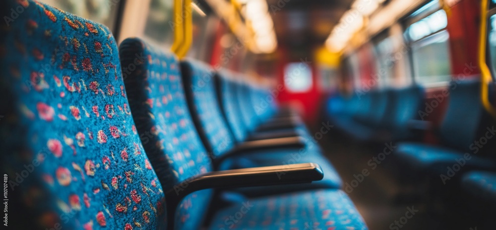Poster interior view of an empty train carriage with patterned seats.