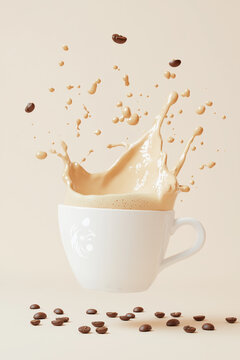 cup of coffee splashes with creamy latte art and coffee beans scattered