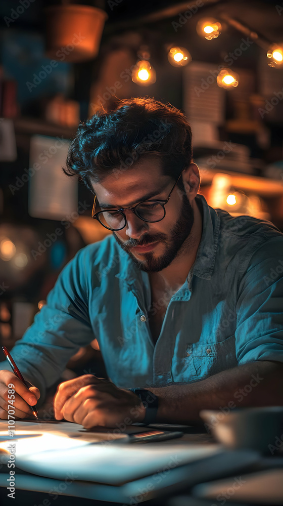Poster a man with glasses writes thoughtfully in a dimly lit workspace filled with warm ambiance.