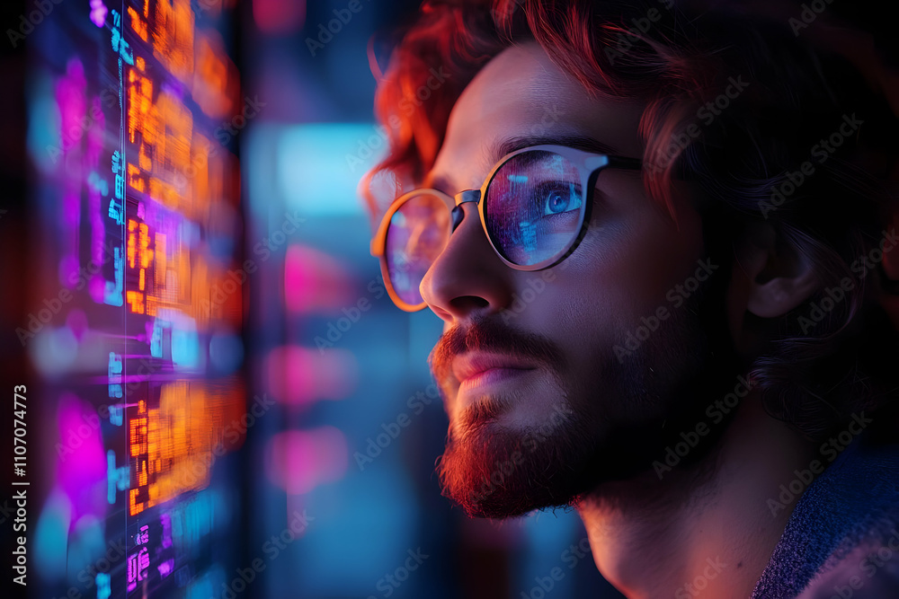 Aufkleber a thoughtful individual gazes at a colorful digital display, reflecting on technology and data.