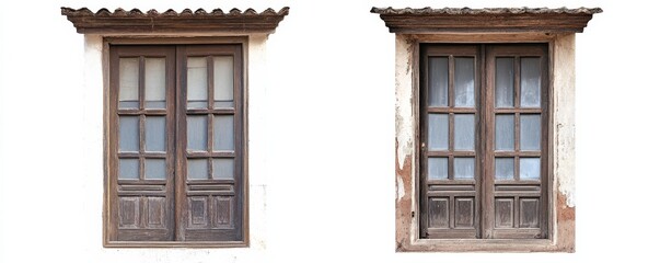 Fototapeta premium Two Weathered Wooden Windows - Rustic Architecture, Isolated on White Background