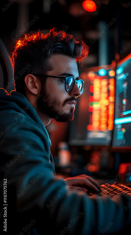 Fototapete A focused individual working on a computer in a dimly lit environment with colorful screens.