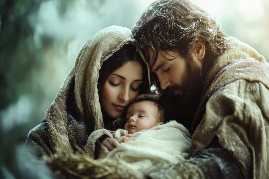 nativity scene, a serene winter scene portrays the holy family snuggled in a manger mary, joseph, and baby jesus united in peace