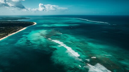 Fototapeta premium Aerial View of Turquoise Waters and a Coastal Shoreline in Mauritius