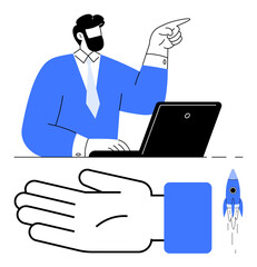 Businessman working on laptop, pointing upward. Hand gesture indicating growth with a rocket launching. Ideal for business strategy, leadership, innovation, success, growth, technology
