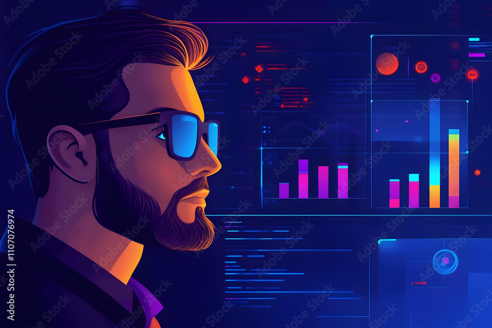 Poster A man in sunglasses analyzes data on a digital interface with graphs and statistics.