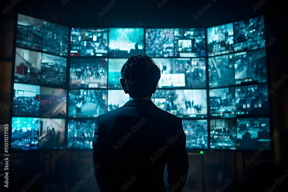 Leinwandbilder A person observes multiple screens displaying various live feeds in a control room.
