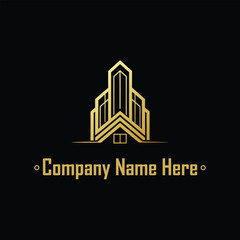 Fototapeta premium Gold real estate logo with a highrise and house outline