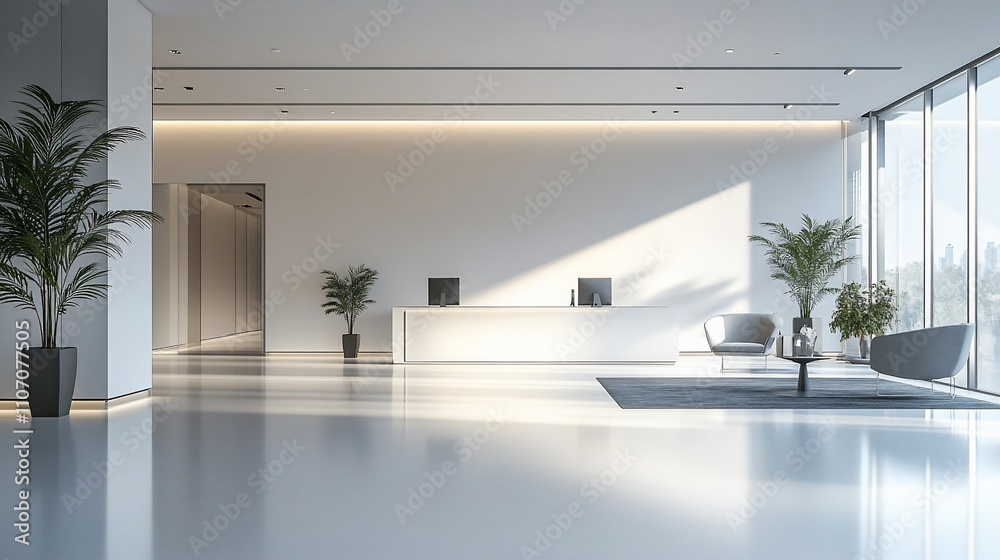 Poster modern office reception area with minimalistic design and greenery.