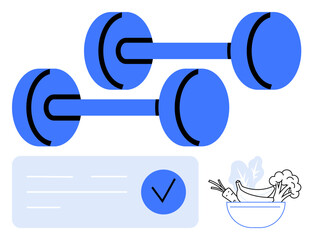 Dumbbells, a nutritional plan clipboard with a check mark, and a bowl of fresh vegetables. Ideal for fitness, healthy living, nutrition, exercise planning, weight loss, wellness programs health