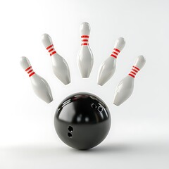 3D rendering of a bowling ball and pins isolated on a white background