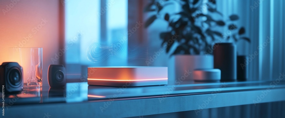 Poster modern tech setup featuring smart devices and ambient lighting.