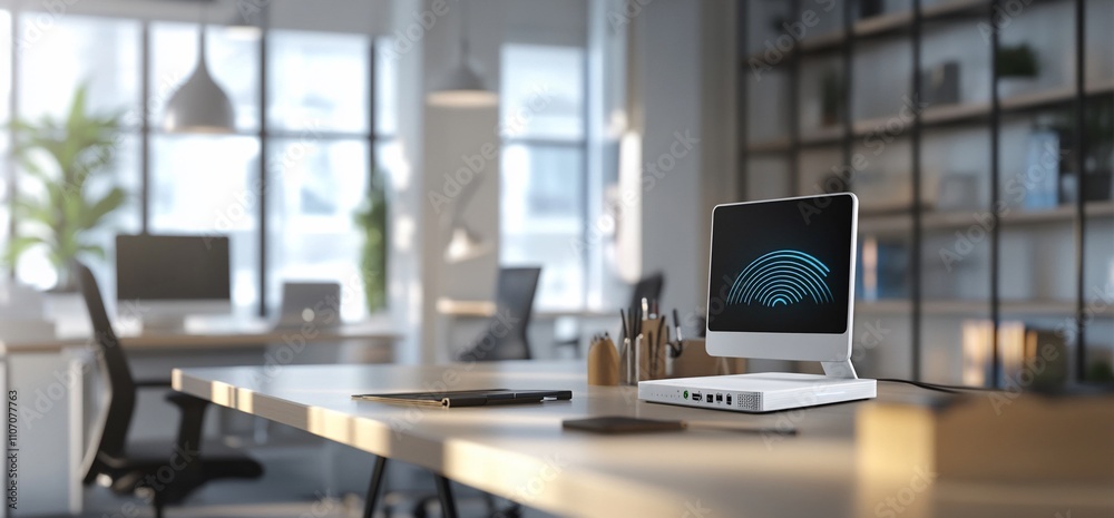 Poster modern workspace featuring a computer and organized desk items.