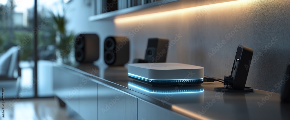 Poster modern tech setup featuring a sleek device and audio speakers.