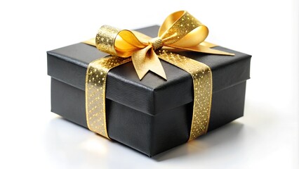 Stylish black gift box with a shiny gold ribbon, for holiday or luxury-themed designs