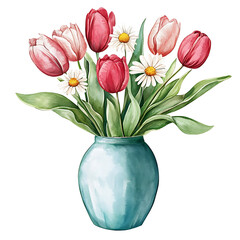 Cute watercolor flower vase clip art isolated on white background.