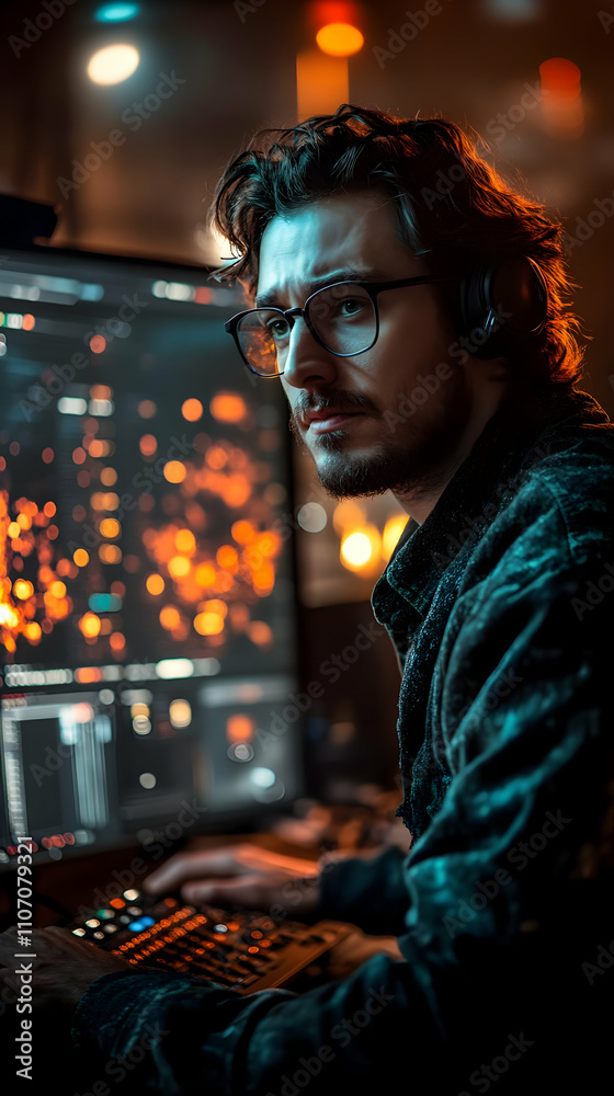 Poster A focused individual working on a computer with data visualization in a dimly lit environment.