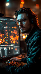 Obraz premium A focused individual working on a computer with data visualization in a dimly lit environment.