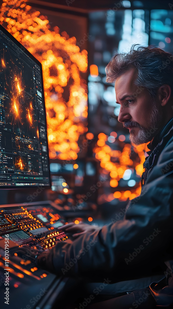 Poster A focused individual working on a high-tech computer with vibrant visual data in the background.