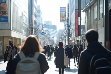 A busy city street with people walking and carrying backpacks. Scene is bustling and lively