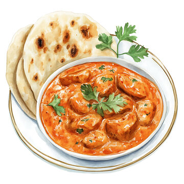 watercolor butter chicken naan bread plate clip art preview