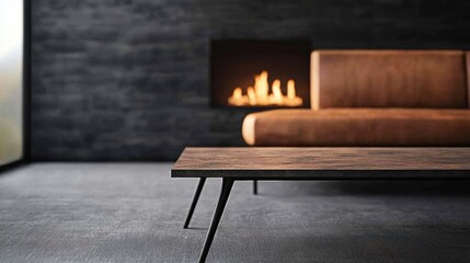 Naklejka premium Modern Furniture A living room with a low profile brown leather sofa, a metal coffee table, and a modern fireplace, creating a warm and inviting atmosphere.