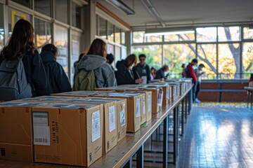 Boxes of food are lined up on a long table, elections school background