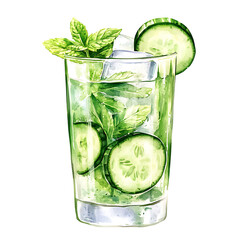 Cute watercolor clipart cucumber juice isolated on white background.