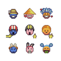 Abstract funny face happy pixel art icon set, cheerful cartoon character. 8-bit flat style. Isolated abstract vector illustration.
