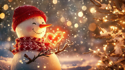 Obraz premium happy snowman holding a glowing heart in the winter background 