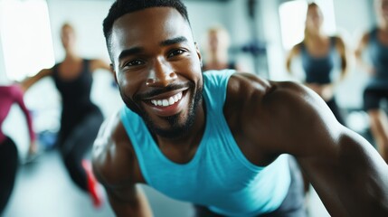 A dynamic healthcare scene with a fitness trainer leading a group exercise session in a gym to promote physical fitness, close-up shot, Energetic style