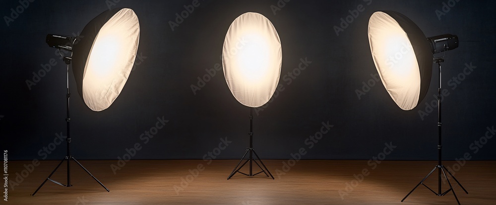 Poster three softbox lights set up for photography in a studio environment.