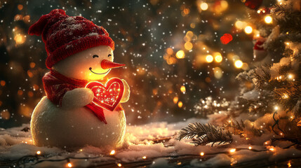 Obraz premium happy snowman holding a glowing heart in the winter background 