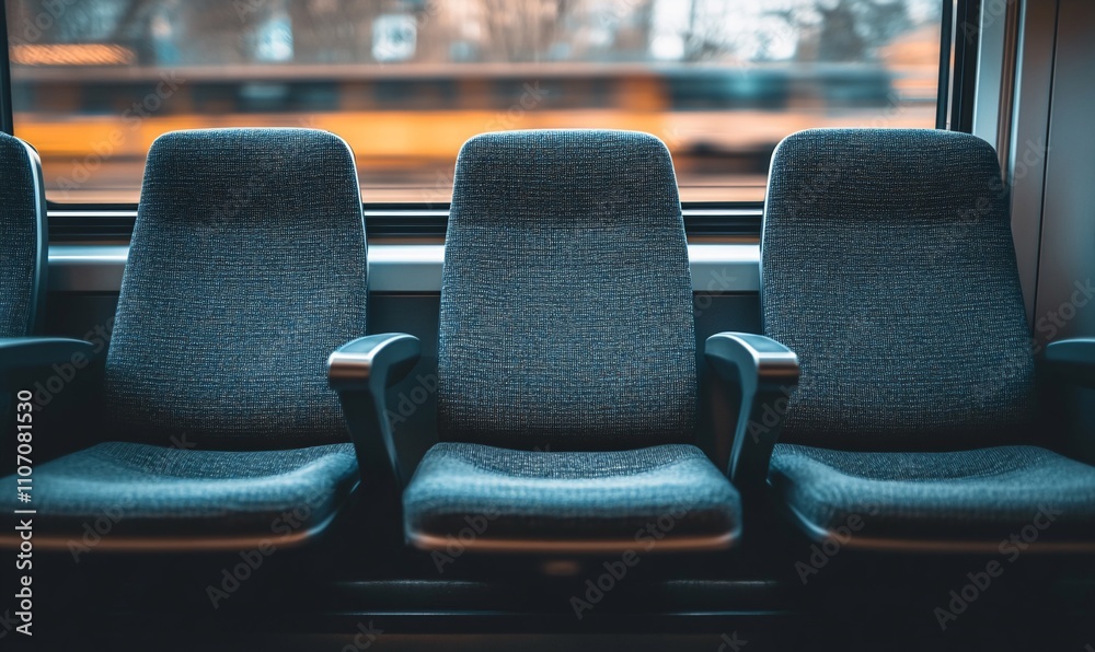 Aufkleber Three empty train seats by a window with a blurred background.