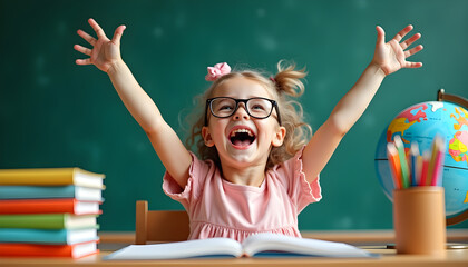 Happy Schoolgirl with Raised Arms in Classroom