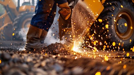 A closeup of welding sparks flying as a technician repairs a damaged bucket on a loader ensuring it can continue its heavyduty tasks on the site.