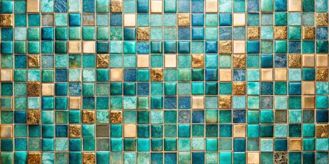 Fototapeta premium Sea-Glass and Gold Mosaic Tile Wall Texture A Beautiful Background for Design Projects