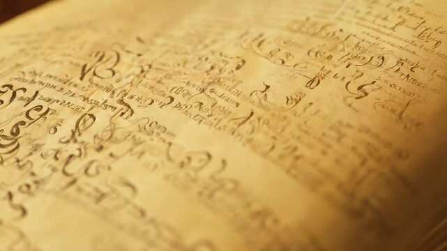 A close-up of an ancient manuscript with intricate handwritten text and aged parchment details.
