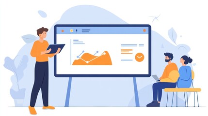 Fototapeta premium Man presenting data analytics to colleagues on a large screen.