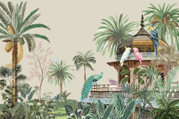 Fototapeta premium Mughal garden, Arch, Bird, Peacock, Watercolor Background with tropical plant.