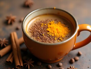 A cup of steaming hot chocolate topped with a generous amount of cocoa powder. The cup is placed on a saucer next to slices of orange and cinnamon sticks.